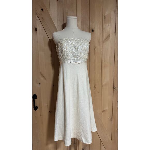 J. Crew | Everlyn Sequined Beaded Ivory Linen Strapless Dress | Size 6 - Picture 1 of 16